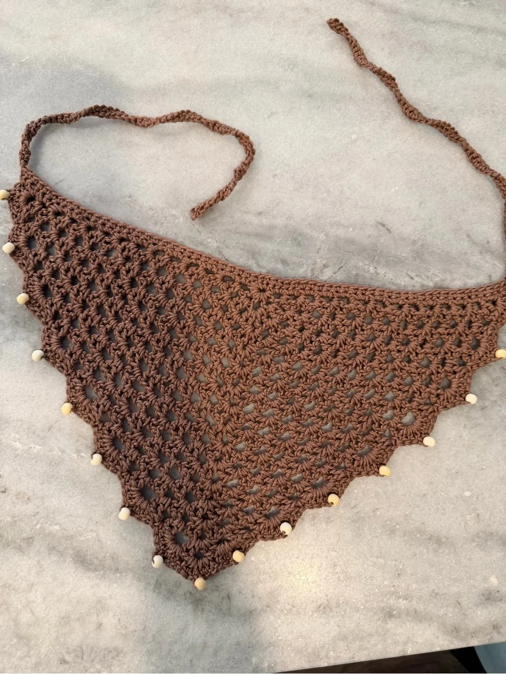 Handmade Crochet Wood Beaded Kerchief Head Scarf Cotton Boho Bandana Cottagecore